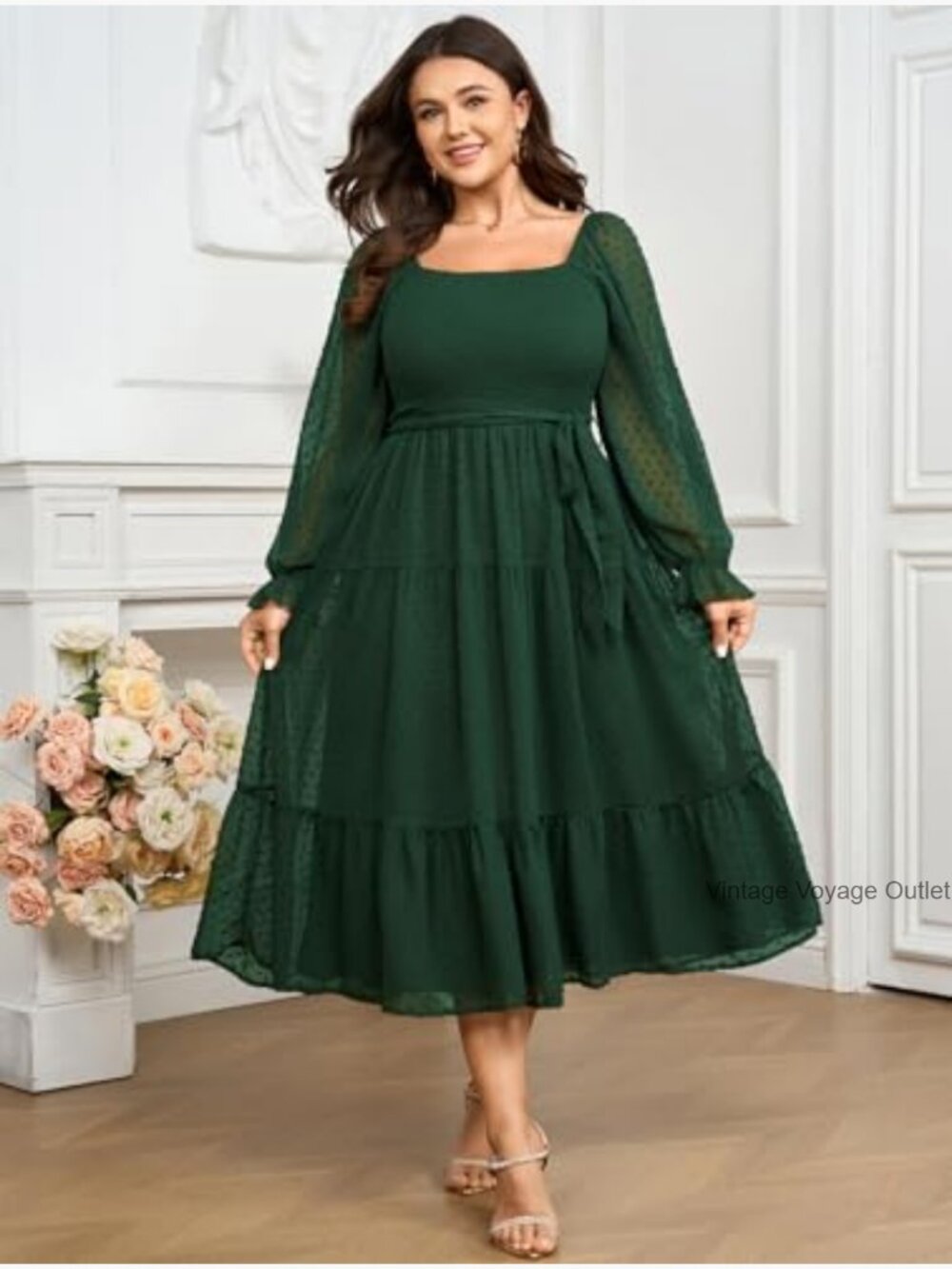 Women's Plus Size Long Sleeve Square Neck Chiffon Smocked A Line Ruffle - Picture 2 of 7